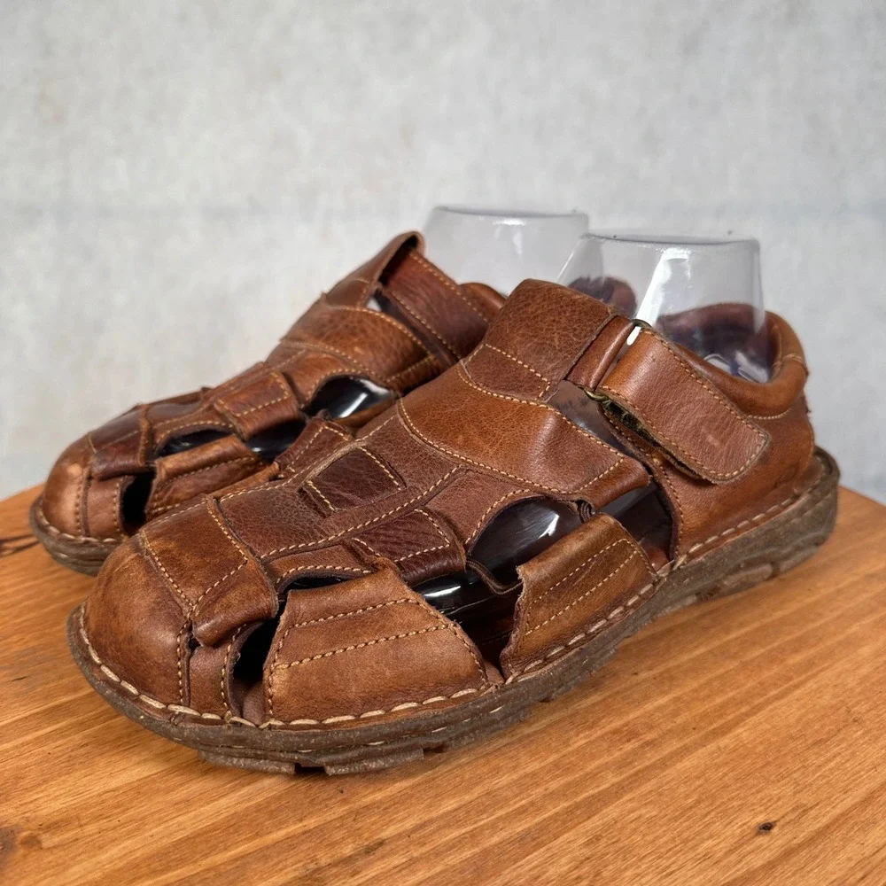 Born Fisherman Sandals Mens 8 Brown Good Leather Caged M6504 Hook Loop Strap